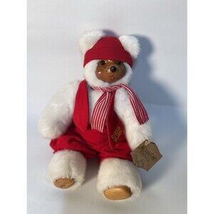 Vintage Robert RAIKES BEAR Red Santa Elf 1989 Plush Wooden Face Christmas TAG